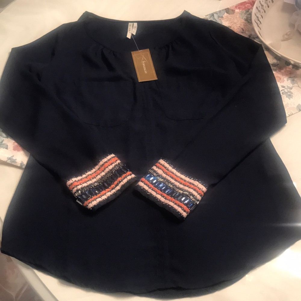 NWT Navy blue blouse with embellished cuffs
